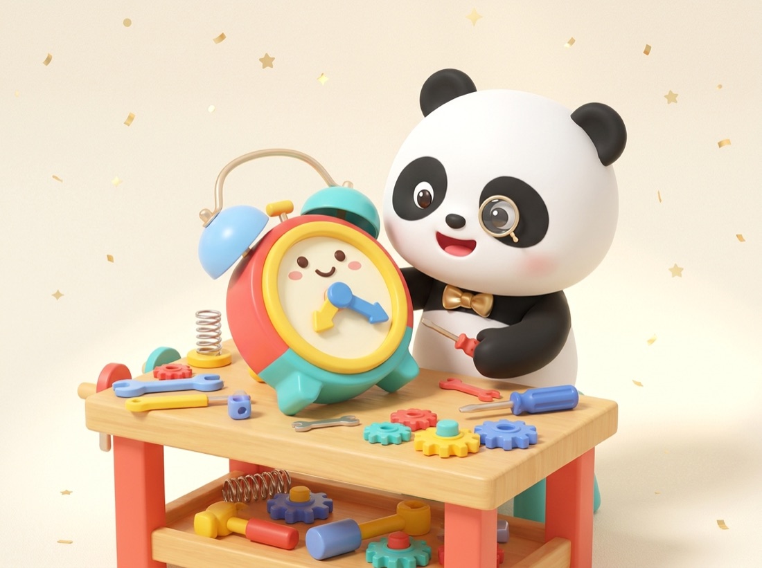 Pip the panda fixing a clock